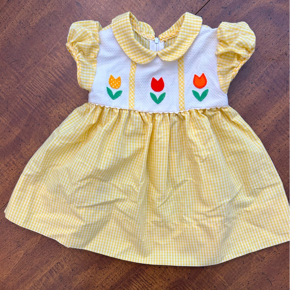 Vintage Sylvia Whyte Tulip Dress Yellow Gingham Baby Girls Size 12 Months